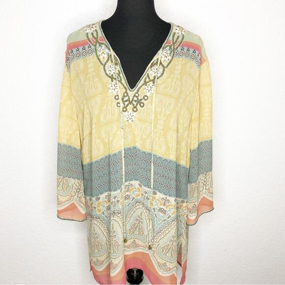 Soft Surroundings yellow orange blue beaded sheer tunic top size Extra Large XL - Picture 1 of 16
